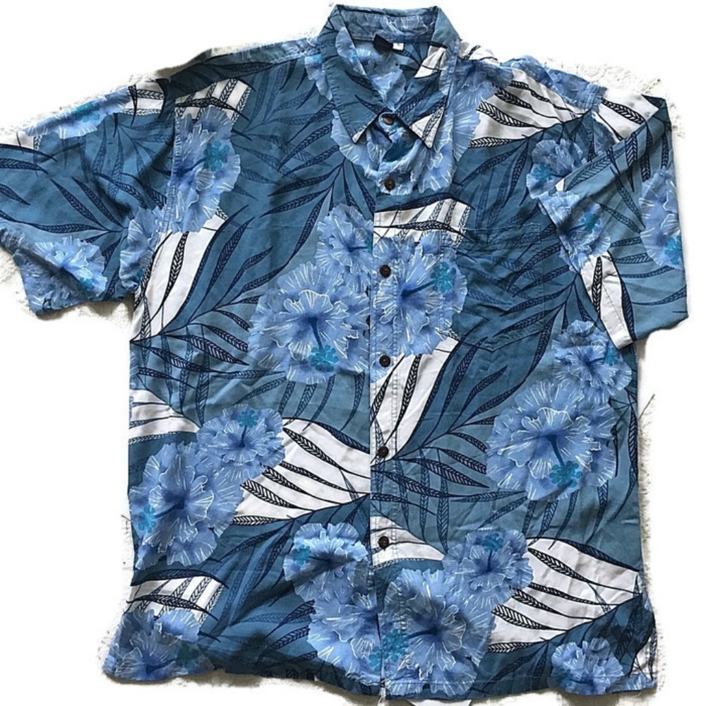 Hibiscus Collection Blue Multi Camp Shirt-Large